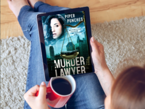 Woman sitting on floor holding coffee mug and an Ereader featuring The Murder Lawyer. 